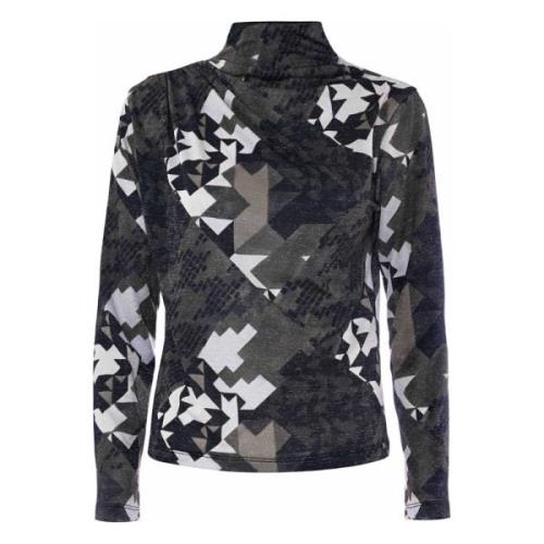 Camouflage Bluse med Høj Hals og Foran Drapering