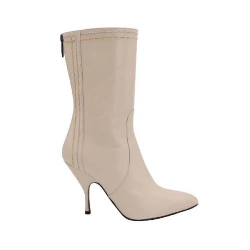 Beige Læder Mid Calf Støvler