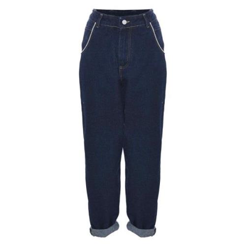 Mørkeblå Mom-Fit Jeans med Ombuk