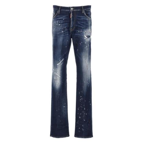 Marineblå Bomuld Straight Jeans med Kontrastfarvede Detaljer