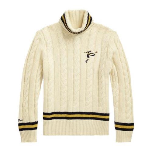 Cable Strikket Uld Blandet Turtleneck Sweater med Rugby Player Broderi