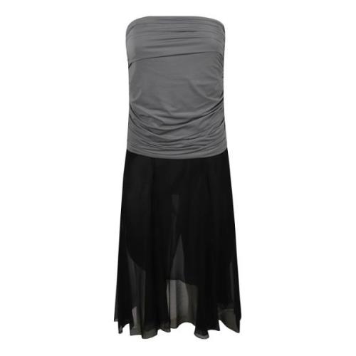 Sort Midi Kjole med Jersey Chiffon Nederdel