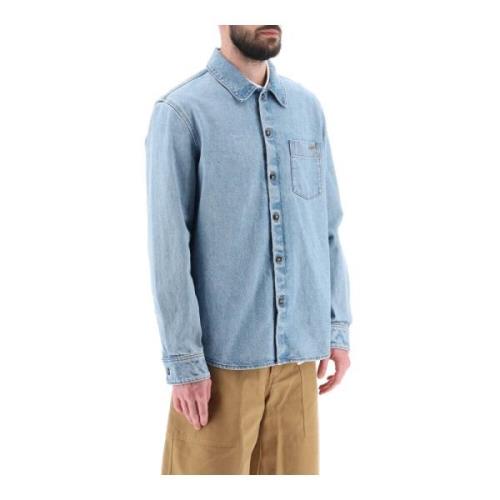 Brugt-effekt denim overshirt med logo-broderet brystlomme