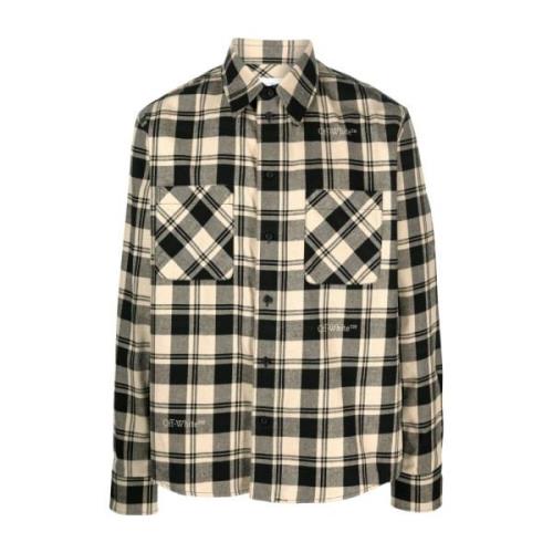 Beige Check-Print Flannel Skjorte