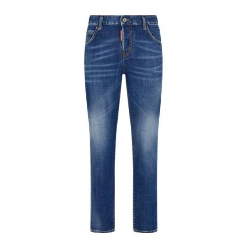 Blå Stretch-Bomuld Denim Jeans med Whiskering Effekt
