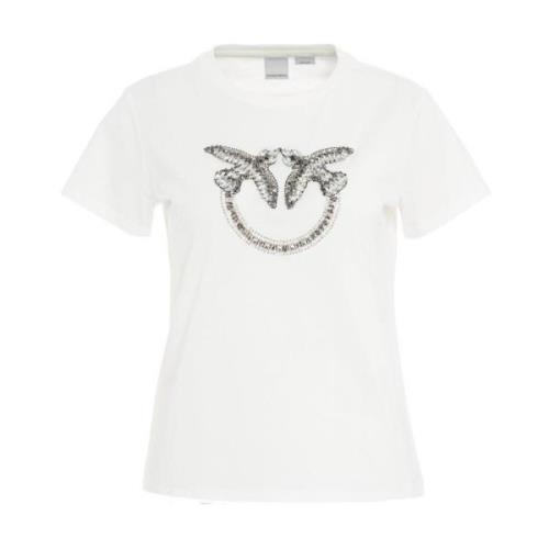 Ribbet Crew Neck T-shirt med Strass Applikation