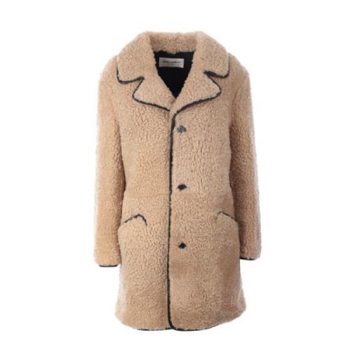 Beige Shearling Frakke med Læderdetaljer