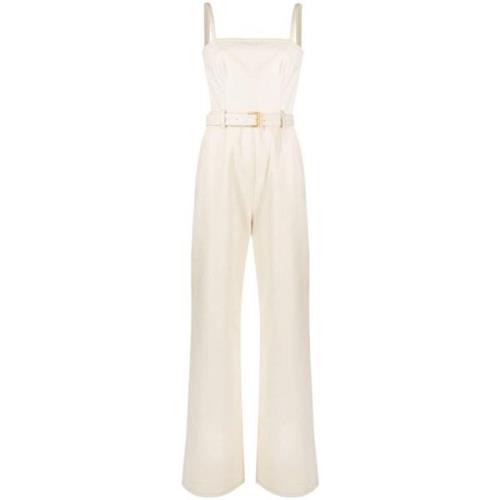 Beige Denim Jumpsuit med stropløs halsudskæring og bred ben