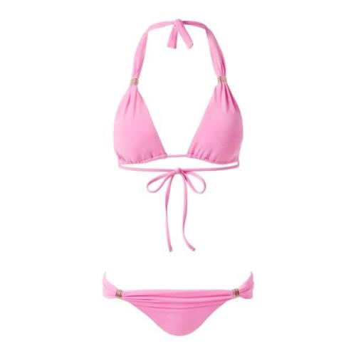 Pink Halterneck Bikini Top med Gyldne Trims