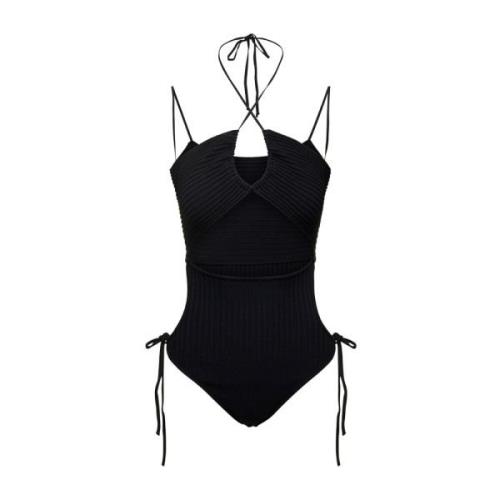 Sort Ribstrikket Halterneck Bodysuit