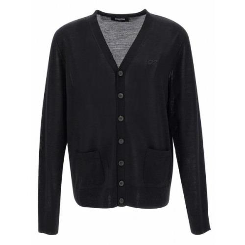 Sort Uld Cardigan med Broderet Logo