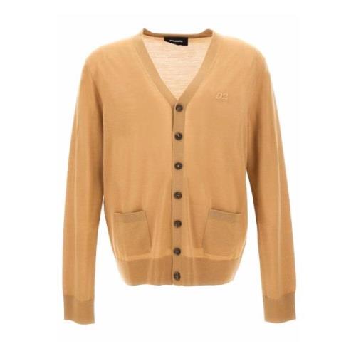 Beige Uld Cardigan med Broderet Logo