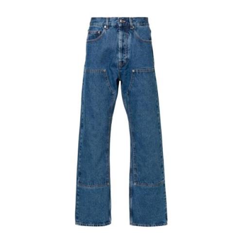 Blå Denim Jeans med Kontrastsyning og Patchdetalje