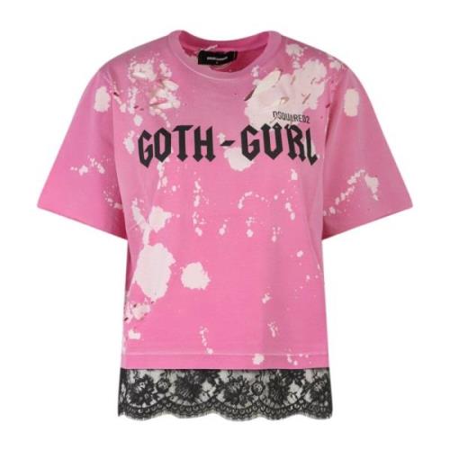 Pink Bomuld T-Shirt med Frontprint og Snørehul