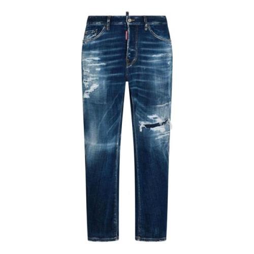 Blå Denim Jeans med Slidt Effekt