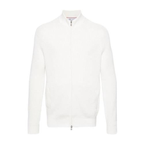 Hvid Ribbet Bomuld Zip Cardigan