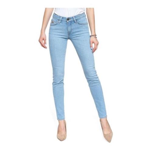 Blå Skinny Jeans med Høj Talje og Patchet Logo