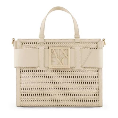 Beige Stro Tote Taske med Logo