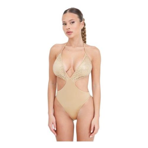 Guld Rhinestone Monokini med Mesh