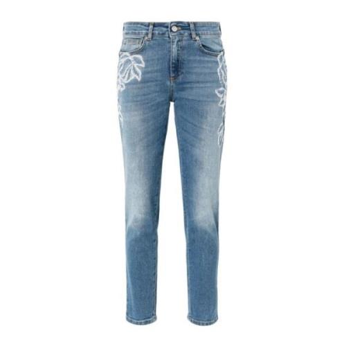 Blå Denim Jeans med Blomsterbroderi