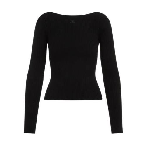 Sort Ribstrikket Sweater med Bådhals