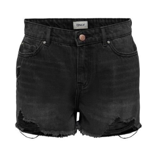 Sort Denim Casual Shorts med Frynsemønster