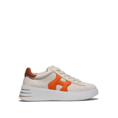 Beige Læder Sneaker med Orange H Detalje