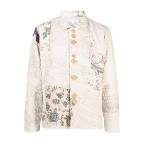 Beige Blomstret Patchwork Bomuld Frakke