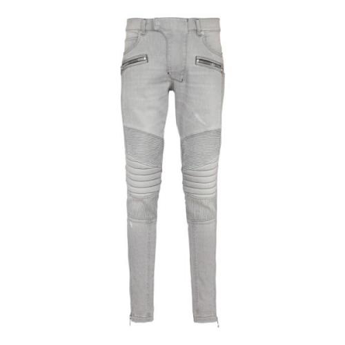 Biker jeans i grå quiltet denim