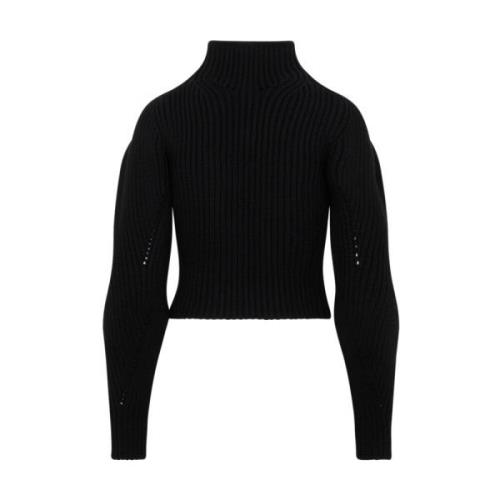 Sort Ribbet Høj Hals Sweater