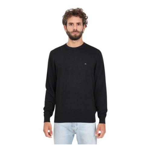 Sort Crew-Neck Sweater med Flag Broderi