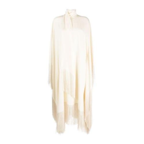 Ivory Fringed Midi Kjole med Høj Hals