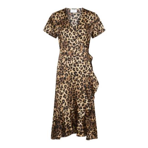 Leopard Print Wrap Kjole med Ruffle Hem