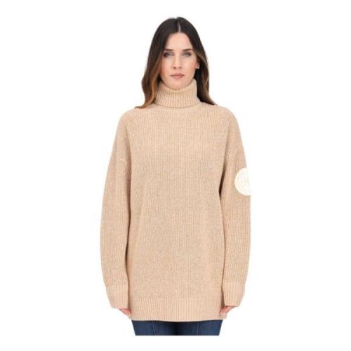 Beige Højhalset Sweater med Logo Patch