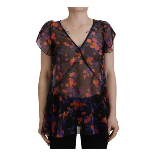 Sort Blomstret V-Neck Bluse Top