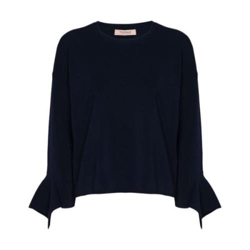 Blå Finstrik Sweater Ruffle Manchetter