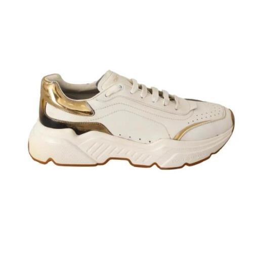 Hvid Guld Læder Casual Sneakers