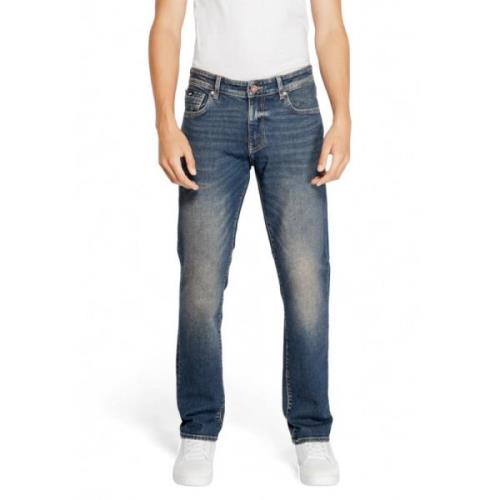 Blå Plain Herre Jeans Lynlås Knap