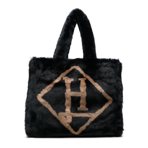 Shearling Sort Taske med Logo Print