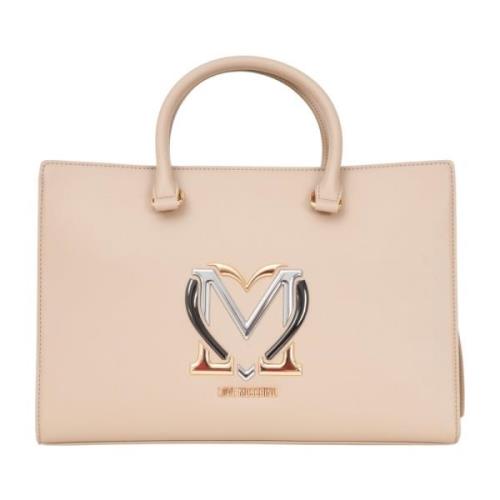 Beige Shopper Taske med Metal Logo