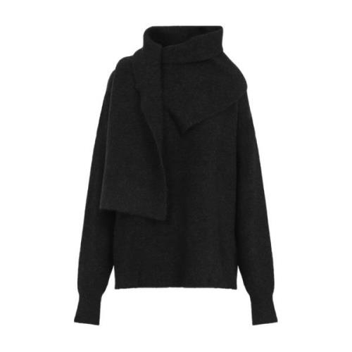 Draped-Scarf Strik Turtleneck Sweater