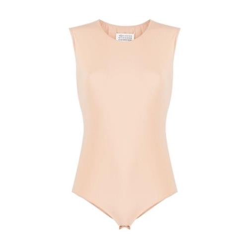 Beige Ærmeløs Bodysuit med Hvid Syning