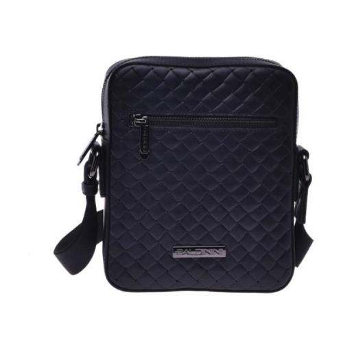 Crossbody bag in black woven print leather