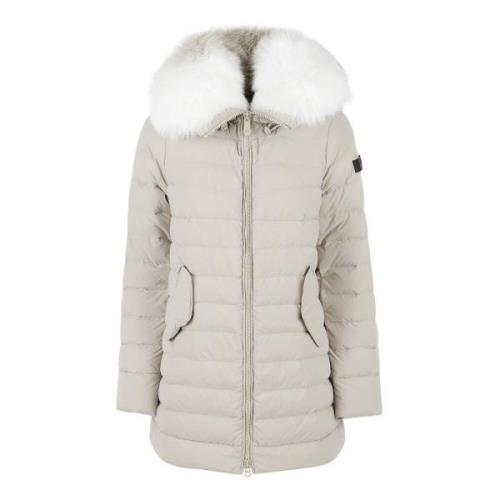 Beige Pels Hætte Puffer Frakke