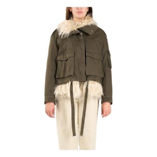 Kort bomuldstwill parka med faux fur foring