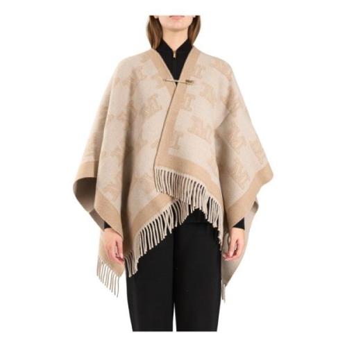 Monogram Jacquard Uld Poncho med Frynser