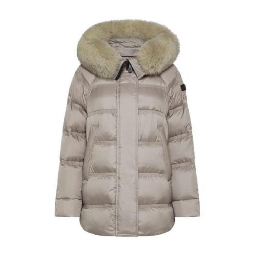 Elegant Pels Hætte Beige Puffer Jakke