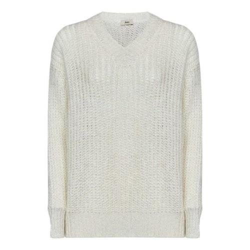 Hvid V-udskæring Sweater med Metallic Detaljer