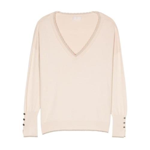 Beige V-Neck Sweater med Lurex-detaljer