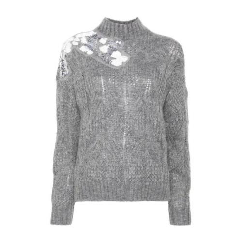 Grå Kabelstrik Sweater Pailletudsmykket